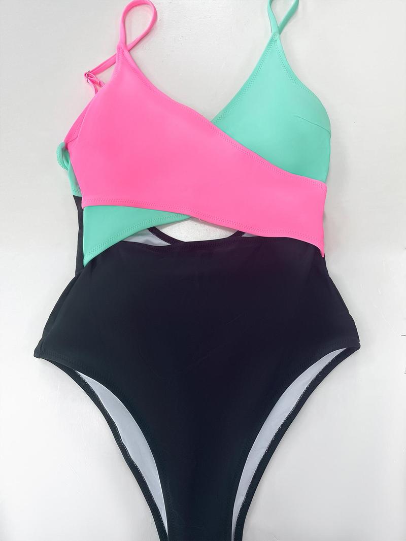 Women's Colorblock Criss Cross One-piece Swimsuit, Casual Adjustable Strap Tie Back Swimwear Swimming Clothing, One Piece Swimsuit, Bathing Suits 2024, Tummy Control Swimwear for Summer Back To School