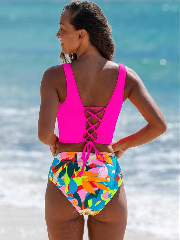 Women's Two-Piece Tankini Set, Fashion Plain Square Neck Swim Tank Top & Floral Print High Waist Swim Bottom, Women's Beach Swimwear For Summer, Bikini Sets