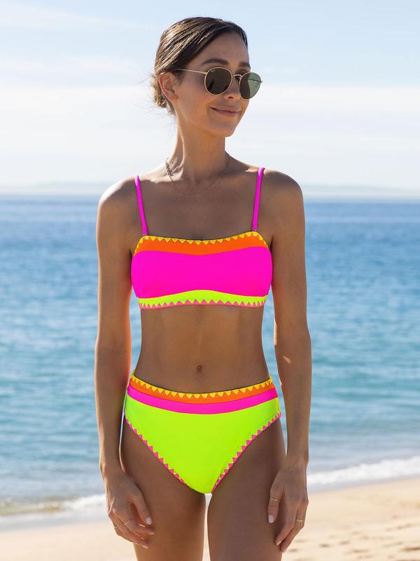Two Pieces Women's Colorblock Bikini Set, Boho Detachable Shoulder Straps Tie Back Bandeau Bikini Top & Swim Knicker Swimsuit Sets, Back To School Bathing Suits Women, Ladies Summer Swimwear for Beach Holiday Vacation
