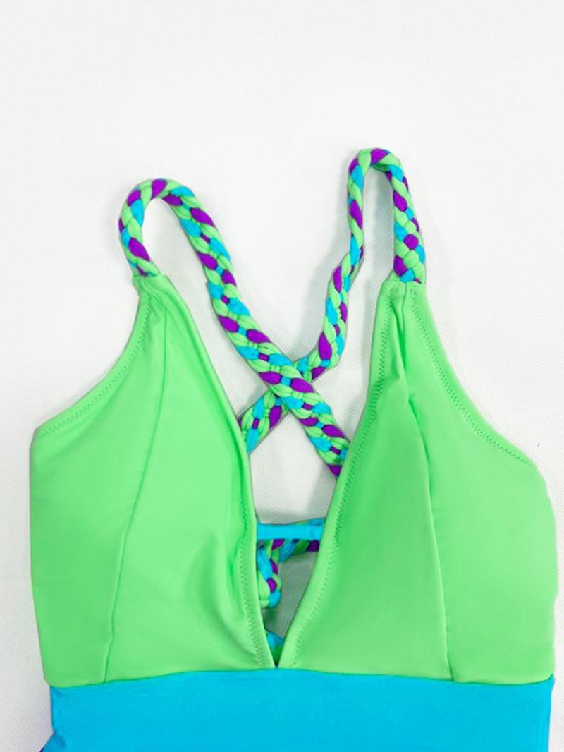 Women's Colorblock Braid Back Cross One-piece Swimsuit, Casual Deep V Neck Sleeveless Swimwear for Beach Holiday Vacation, Ladies Swimsuit for All Seasons