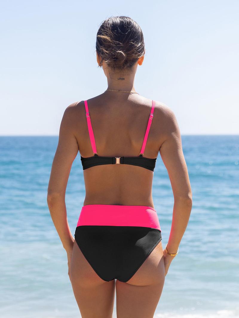 Two Counts Women's Colorblock Adjustable Strap Bikini Sets, Underwire Swim Top & High Waist Swim Bottom, Two-piece Swimsuit for Summer Beach Holiday, Back-to-School Clothing, Bathing Suits Women, Bikinis Summer 2024