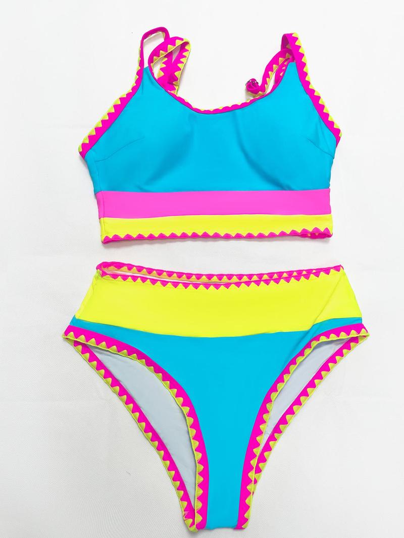 Women's Colorblock Bikini Set, Casual Fashion Chic Swimsuit Set for Beach Holiday Vacation, Bathing Suit, Ladies Swimwear for All Seasons, Clothing