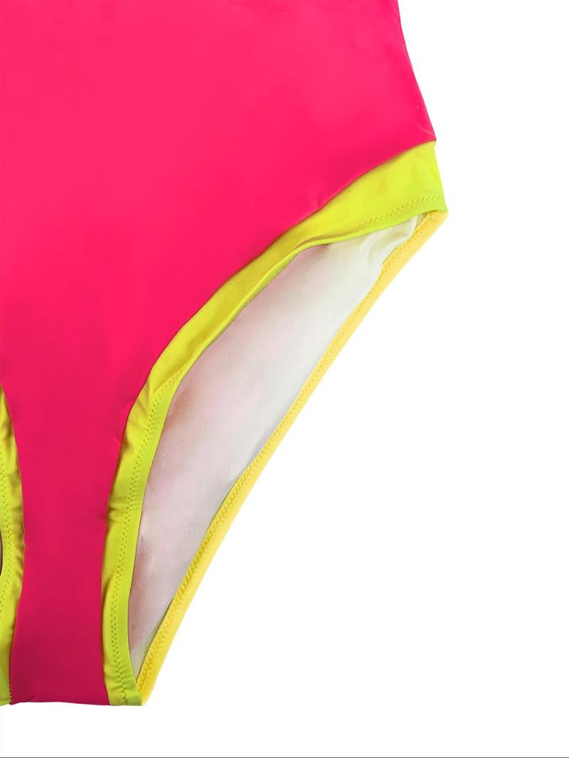 Women's Colorblock Patchwork Print One-piece Swimsuit, Casual Sleeveless Swimwear for Swimming Beach Holiday Vacation, Ladies Swimsuit for Summer