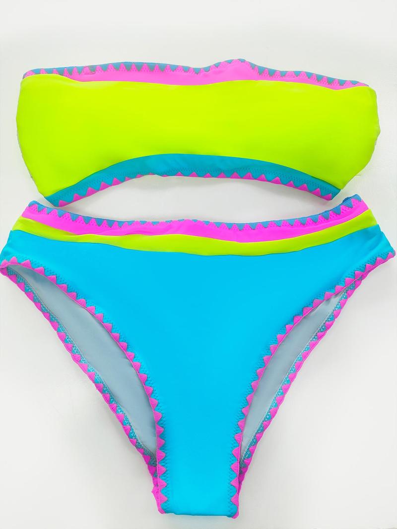 Two Pieces Women's Colorblock Bikini Set, Boho Detachable Shoulder Straps Tie Back Bandeau Bikini Top & Swim Knicker Swimsuit Sets, Back To School Bathing Suits Women, Ladies Summer Swimwear for Beach Holiday Vacation