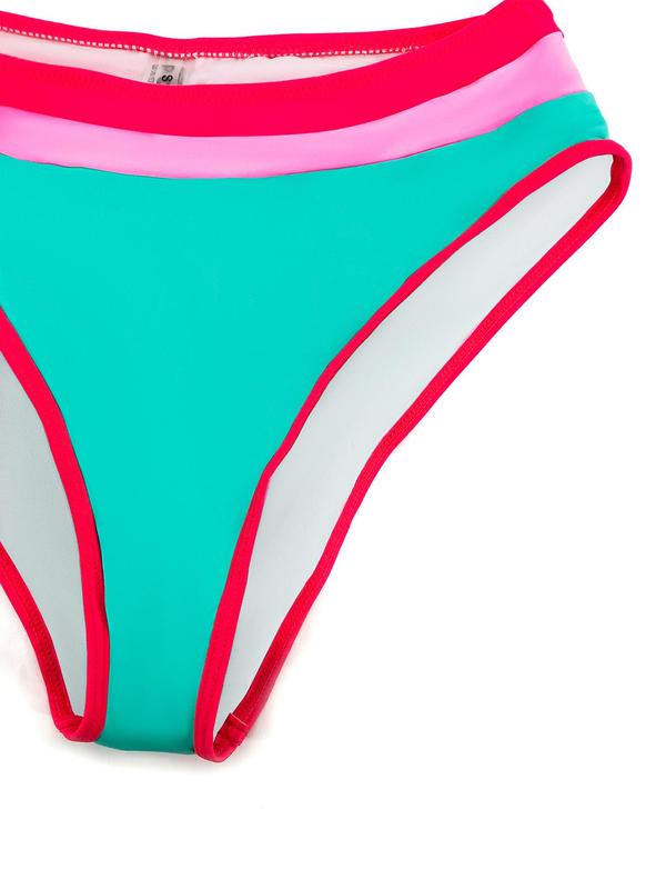 Women's Colorblock Print Asymmetrical Neck Bikini Set, Casual Fashion Chic Swimsuit Set for Beach Holiday Vacation, Ladies Swimwear for All Seasons