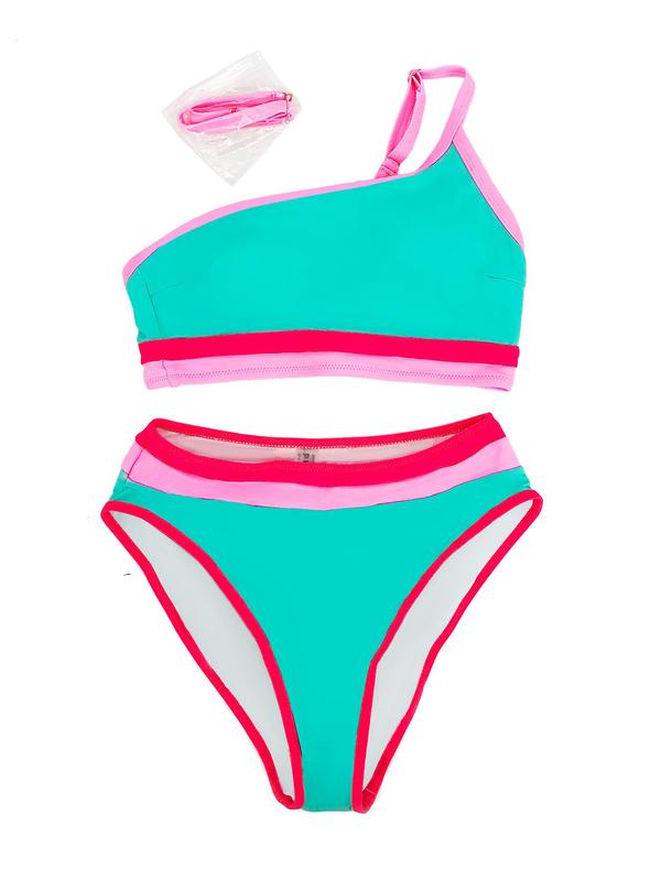 Women's Colorblock Print Asymmetrical Neck Bikini Set, Casual Fashion Chic Swimsuit Set for Beach Holiday Vacation, Ladies Swimwear for All Seasons