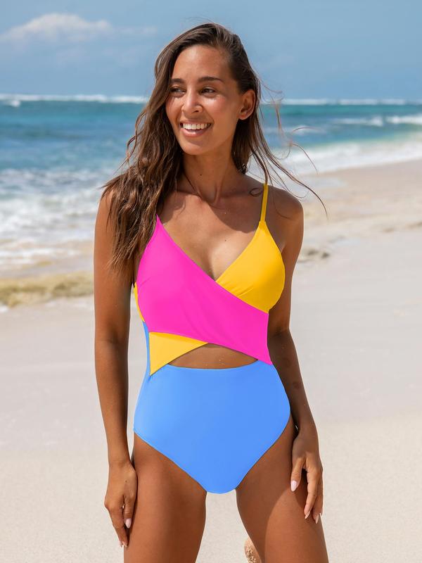 Women's Colorblock Criss Cross One-piece Swimsuit, Casual Adjustable Strap Tie Back Swimwear  Swimming Clothing, One Piece Swimsuit, Bathing Suits 2024, Tummy Control Swimwear for Summer Back To School