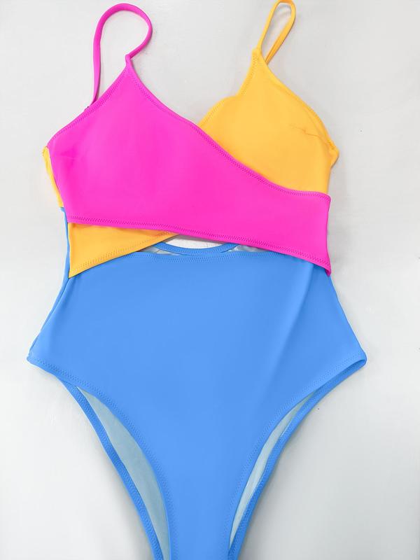 Women's Colorblock Criss Cross One-piece Swimsuit, Casual Adjustable Strap Tie Back Swimwear  Swimming Clothing, One Piece Swimsuit, Bathing Suits 2024, Tummy Control Swimwear for Summer Back To School