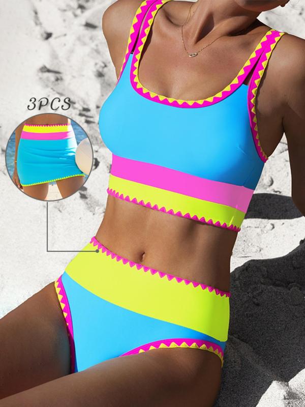 Women's Colorblock Bikini Set, Casual Fashion Chic Swimsuit Set for Beach Holiday Vacation, Bathing Suit, Ladies Swimwear for All Seasons, Clothing
