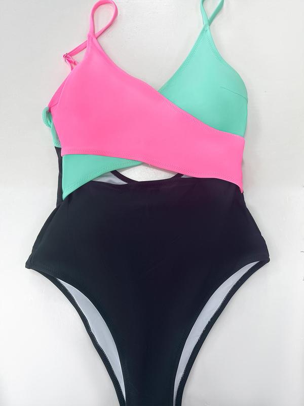 Women's Colorblock Criss Cross One-piece Swimsuit, Casual Adjustable Strap Tie Back Swimwear  Swimming Clothing, One Piece Swimsuit, Bathing Suits 2024, Tummy Control Swimwear for Summer Back To School