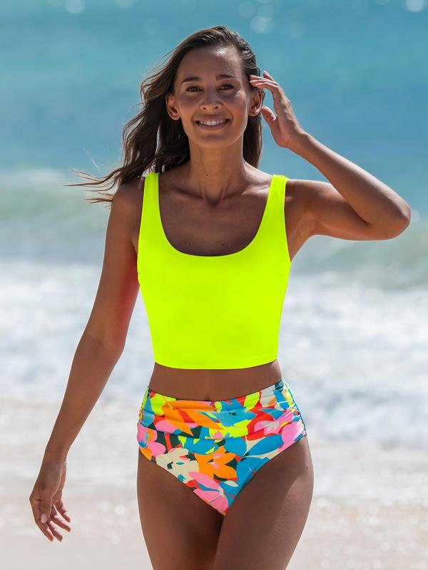 Women's Two-Piece Tankini Set, Fashion Plain Square Neck Swim Tank Top & Floral Print High Waist Swim Bottom, Women's Beach Swimwear For Summer, Bikini Sets