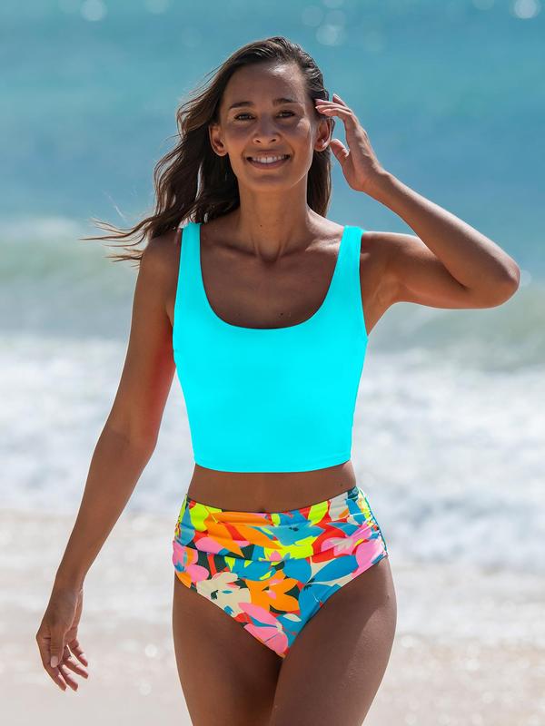Women's Two-Piece Tankini Set, Fashion Plain Square Neck Swim Tank Top & Floral Print High Waist Swim Bottom, Women's Beach Swimwear For Summer, Bikini Sets