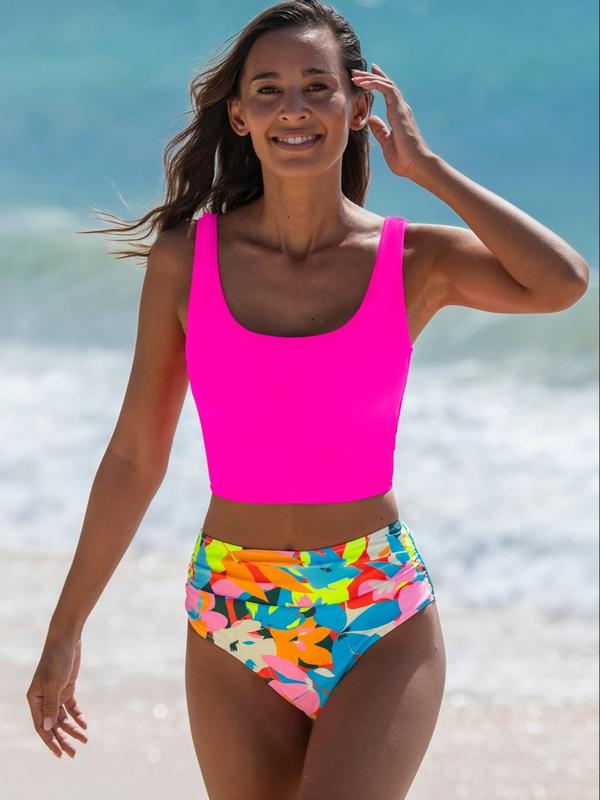 Women's Two-Piece Tankini Set, Fashion Plain Square Neck Swim Tank Top & Floral Print High Waist Swim Bottom, Women's Beach Swimwear For Summer, Bikini Sets