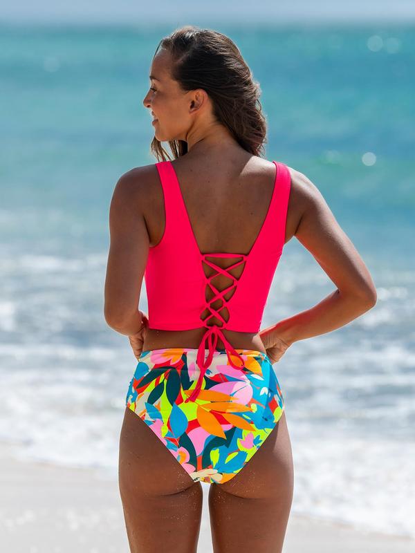 Women's Two-Piece Tankini Set, Fashion Plain Square Neck Swim Tank Top & Floral Print High Waist Swim Bottom, Women's Beach Swimwear For Summer, Bikini Sets