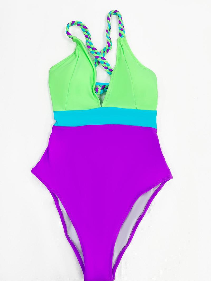 Women's Colorblock Braid Back Cross One-piece Swimsuit, Casual Deep V Neck Sleeveless Swimwear for Beach Holiday Vacation, Ladies Swimsuit for All Seasons
