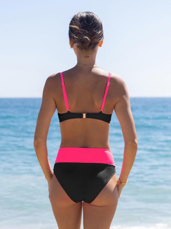 Two Counts Women's Colorblock Adjustable Strap Bikini Sets, Underwire Swim Top & High Waist Swim Bottom, Two-piece Swimsuit for Summer Beach Holiday, Back-to-School Clothing, Bathing Suits Women, Bikinis Summer 2024