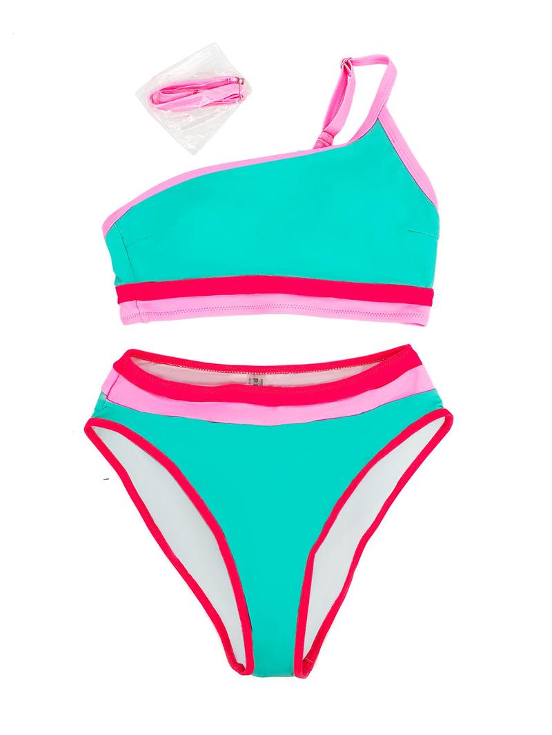 Women's Colorblock Print Asymmetrical Neck Bikini Set, Casual Fashion Chic Swimsuit Set for Beach Holiday Vacation, Ladies Swimwear for All Seasons