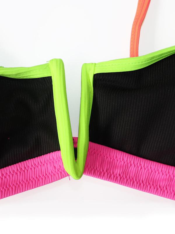 Two-Piece Set Women's Contrast Binding Swimsuit Set, Casual Patchwork Adjustable Straps Wireless Bra & High Cut Swim Bottom, Ladies Summer Swimwear for Beach Holiday Vacation, Bikini Sets, Swimsuit for Women