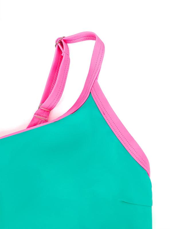 Women's Colorblock Print Asymmetrical Neck Bikini Set, Casual Fashion Chic Swimsuit Set for Beach Holiday Vacation, Ladies Swimwear for All Seasons