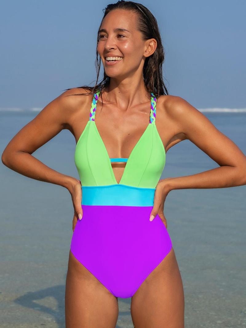Women's Colorblock Braid Back Cross One-piece Swimsuit, Casual Deep V Neck Sleeveless Swimwear for Beach Holiday Vacation, Ladies Swimsuit for All Seasons